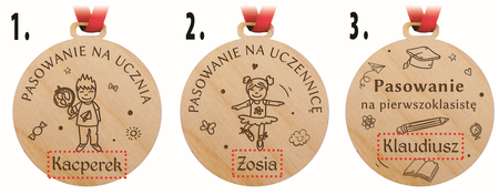 Medal Pasowanie na pierwszoklasistę - Drewniany, personalizacja, wiele wzorów