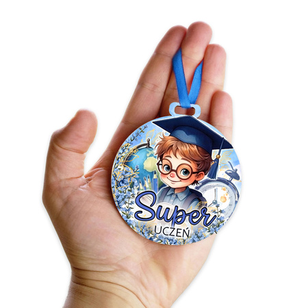 Kolorowy medal na pasowanie z niebieską wstążką