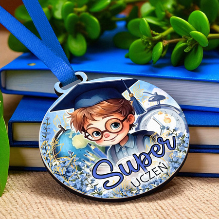 Kolorowy medal na pasowanie z niebieską wstążką
