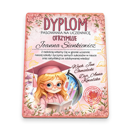 Drewniany dyplom pasowania z kolorowym nadrukiem