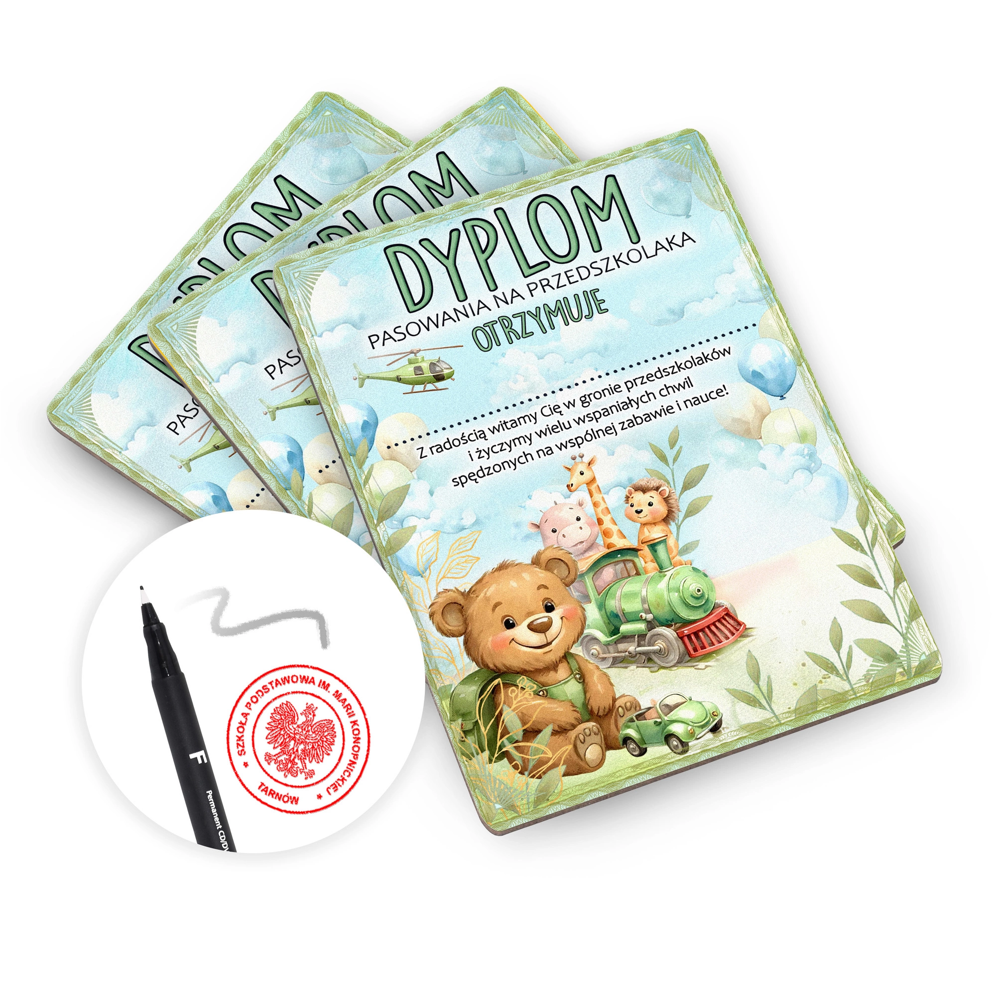 Zbliżenie kolorowej grafiki na dyplomie z drewnianej tabliczki