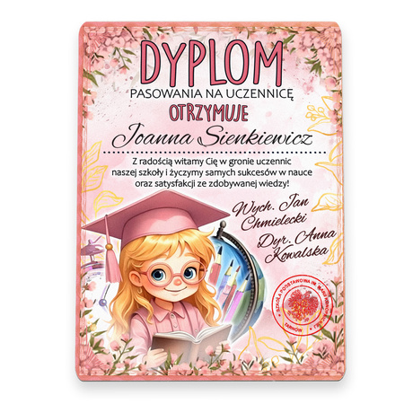 Drewniany dyplom pasowania z kolorowym nadrukiem