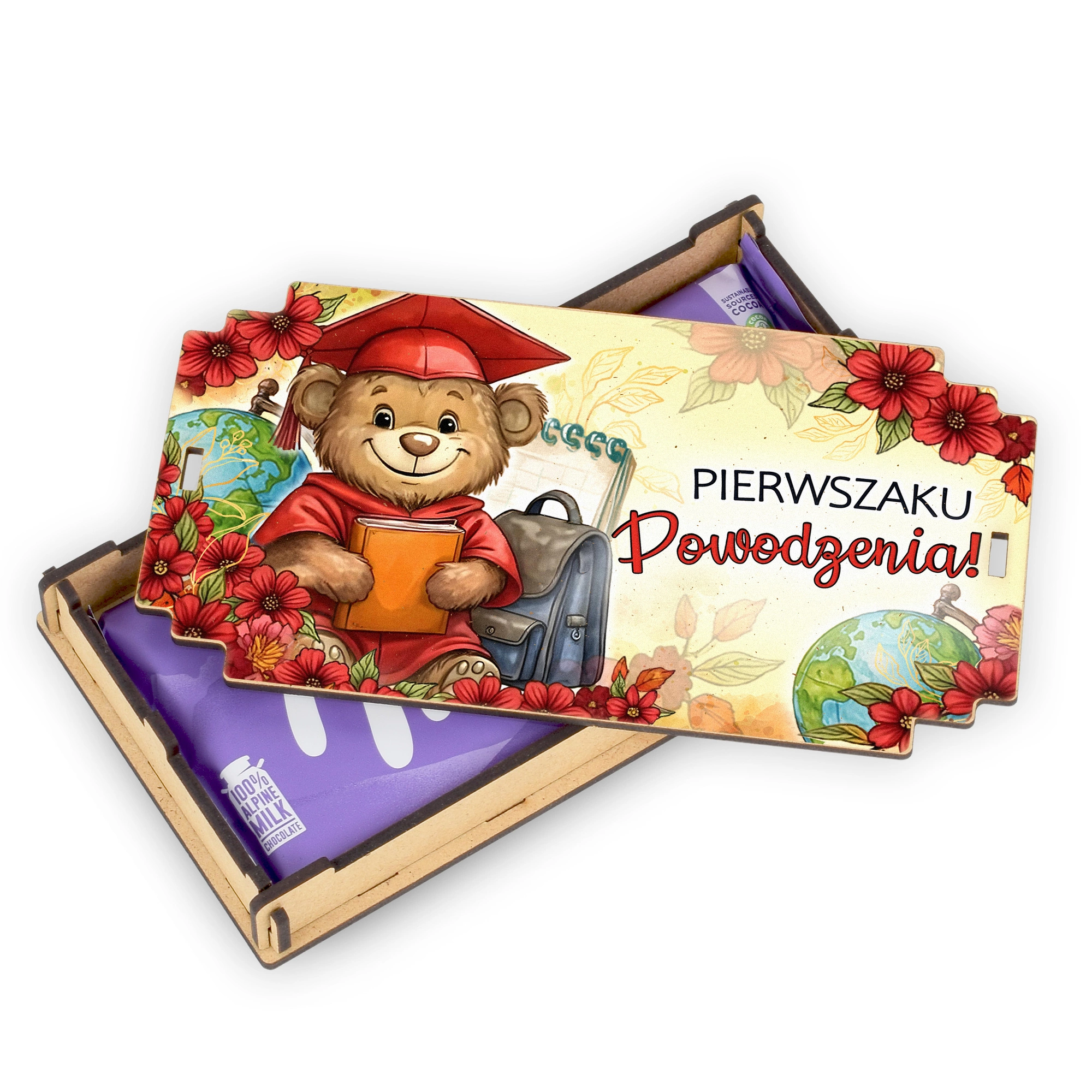 Kolorowa grafika na drewnianej płycie – eleganckie wykończenie pudełka