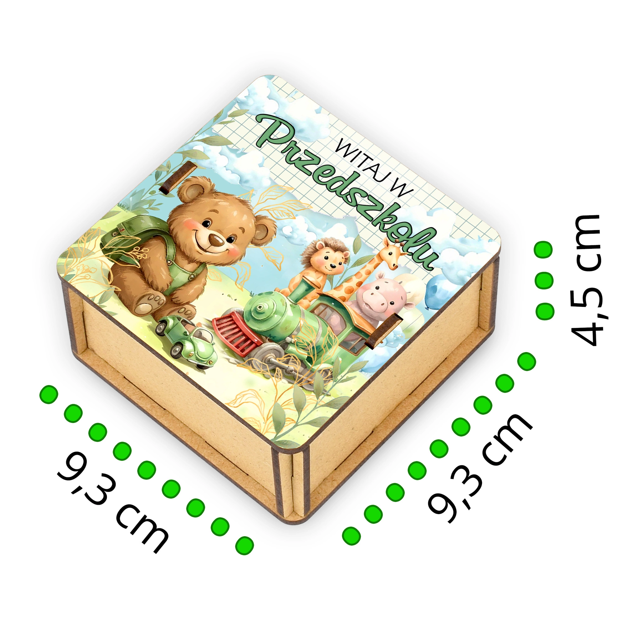 Drewniane pudełko z kolorowym nadrukiem na cukierki i drobiazgi