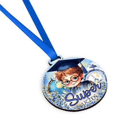 Kolorowy medal na pasowanie z niebieską wstążką